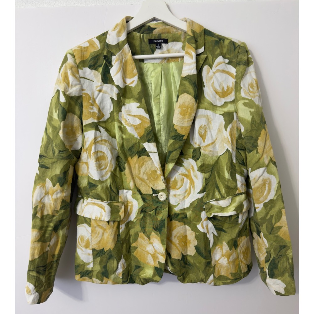 Premise Floral Blazer Rose Print Linen Blend Green Yellow 12 Cottagecore‎ Office